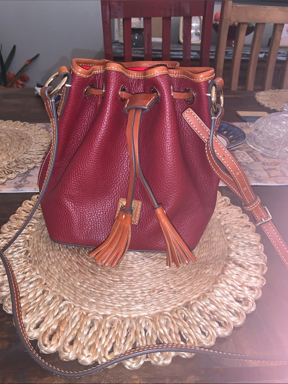 Dooney & Bourke Burgundy Tasha Pebbled Leather Drawstring Bucket Bag w Tan Trim